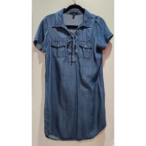Signature Studio Medium Blue Chambray Short Sleeve Dress Lace Up Pockets